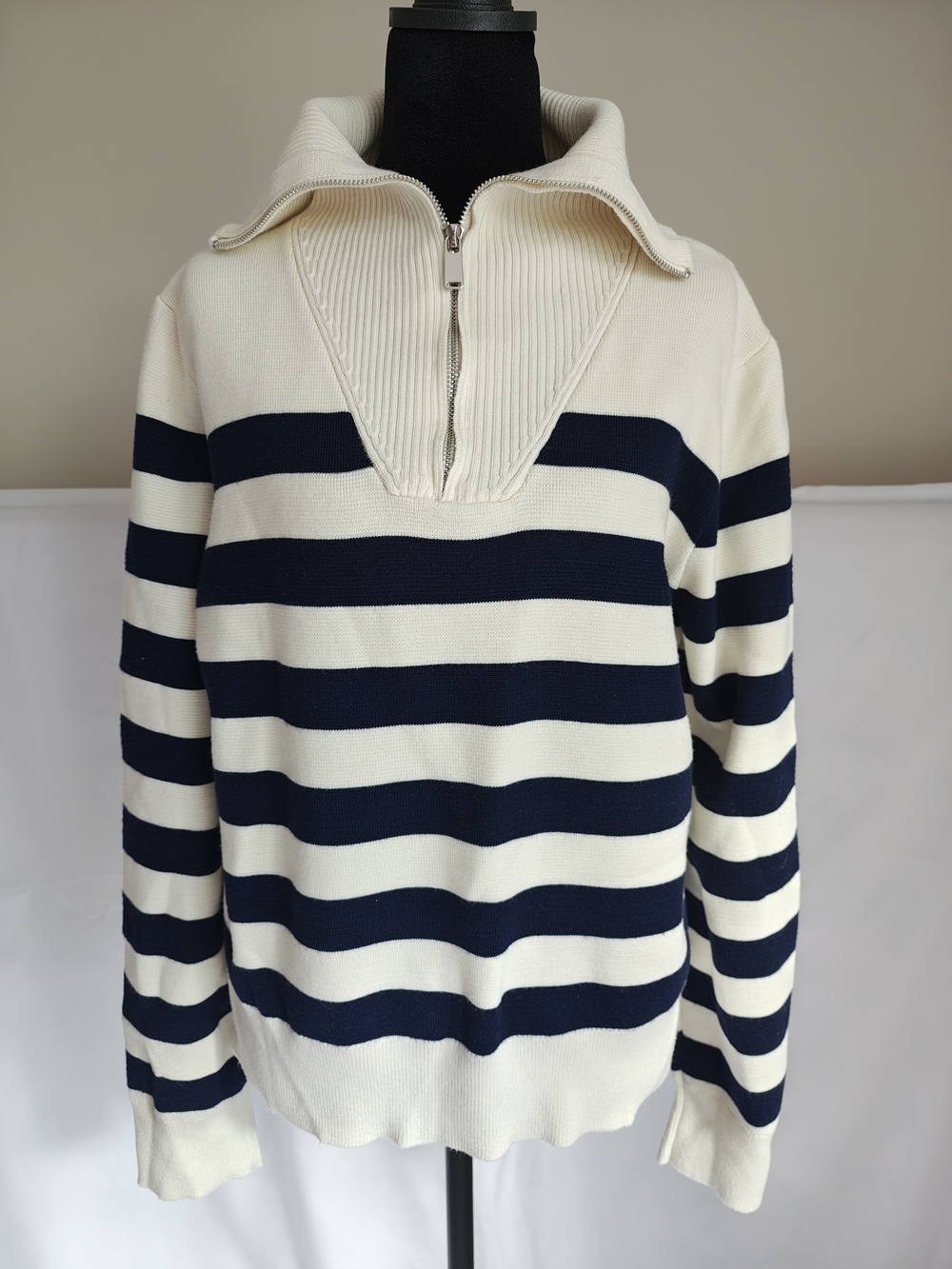 Striped Half‑Zip Mock Neck Sweater - Navy & Cream - Picture 2 of 5